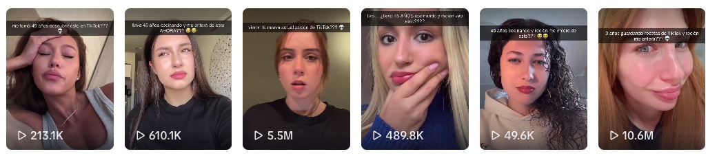 TikTok results showing videos with 213K, 610K, 5.5M, 489K, 49.6K, and 10.6M views
