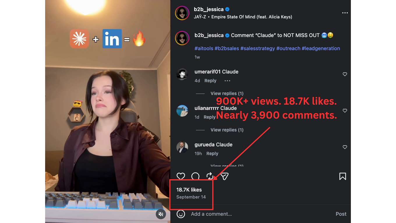 Screenshot from ProspectHalo’s founder article showing a reaction-led Instagram Reel and its engagement. The founder annotates 900K+ views, 18.7K likes, and nearly 3,900 comments.