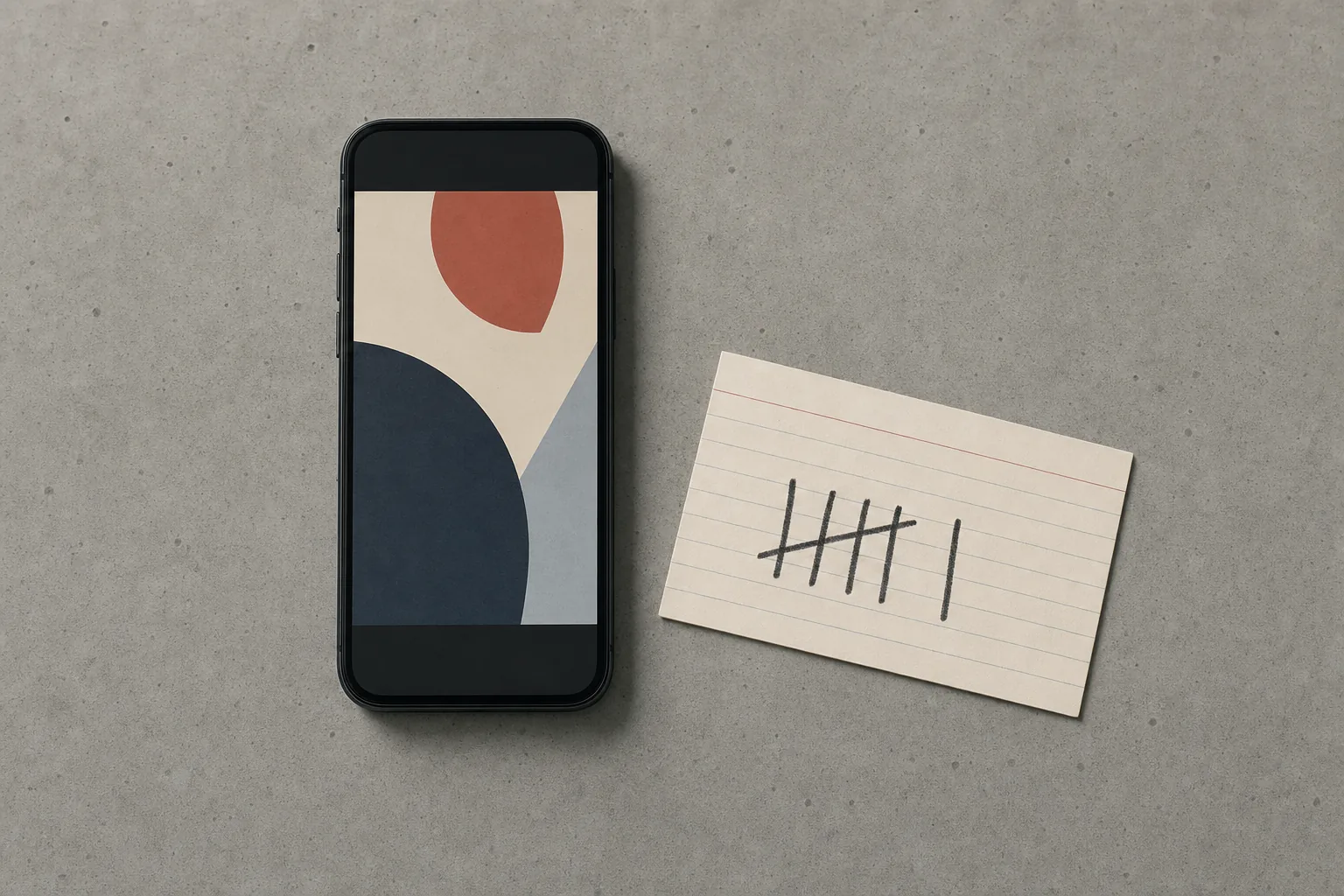 A smartphone face up on concrete showing a paused vertical video of a reaction, next to an index card carrying six handwritten tally marks.