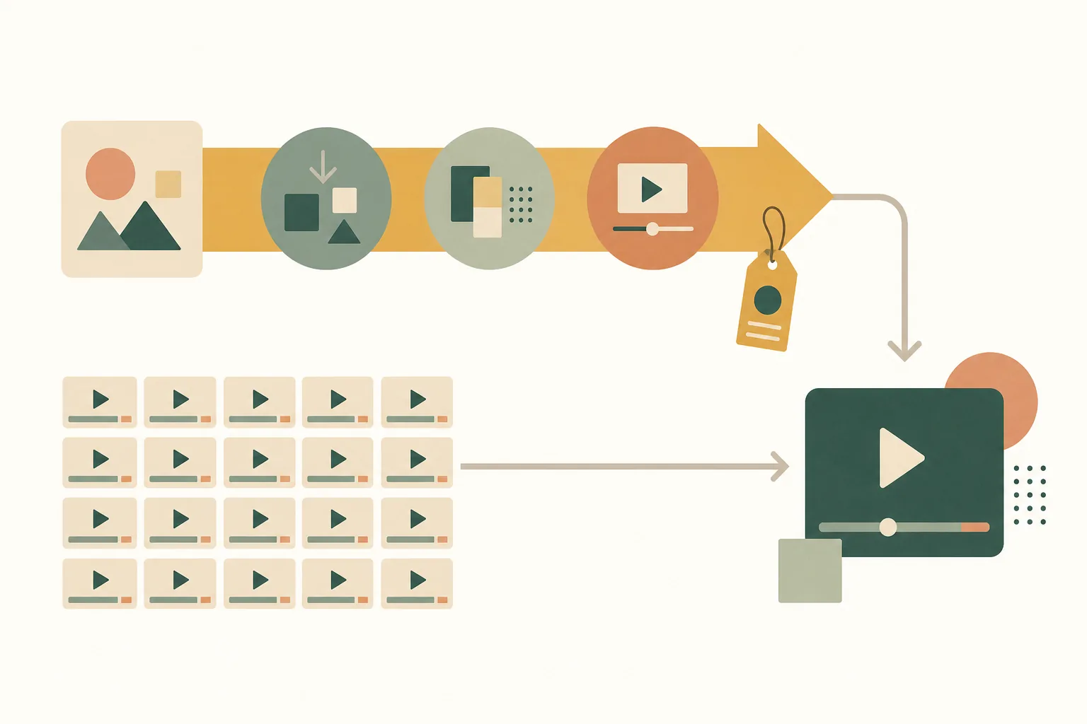Two routes to a finished video ad: a managed agency pipeline on the left, a grid of individually bought clips on the right