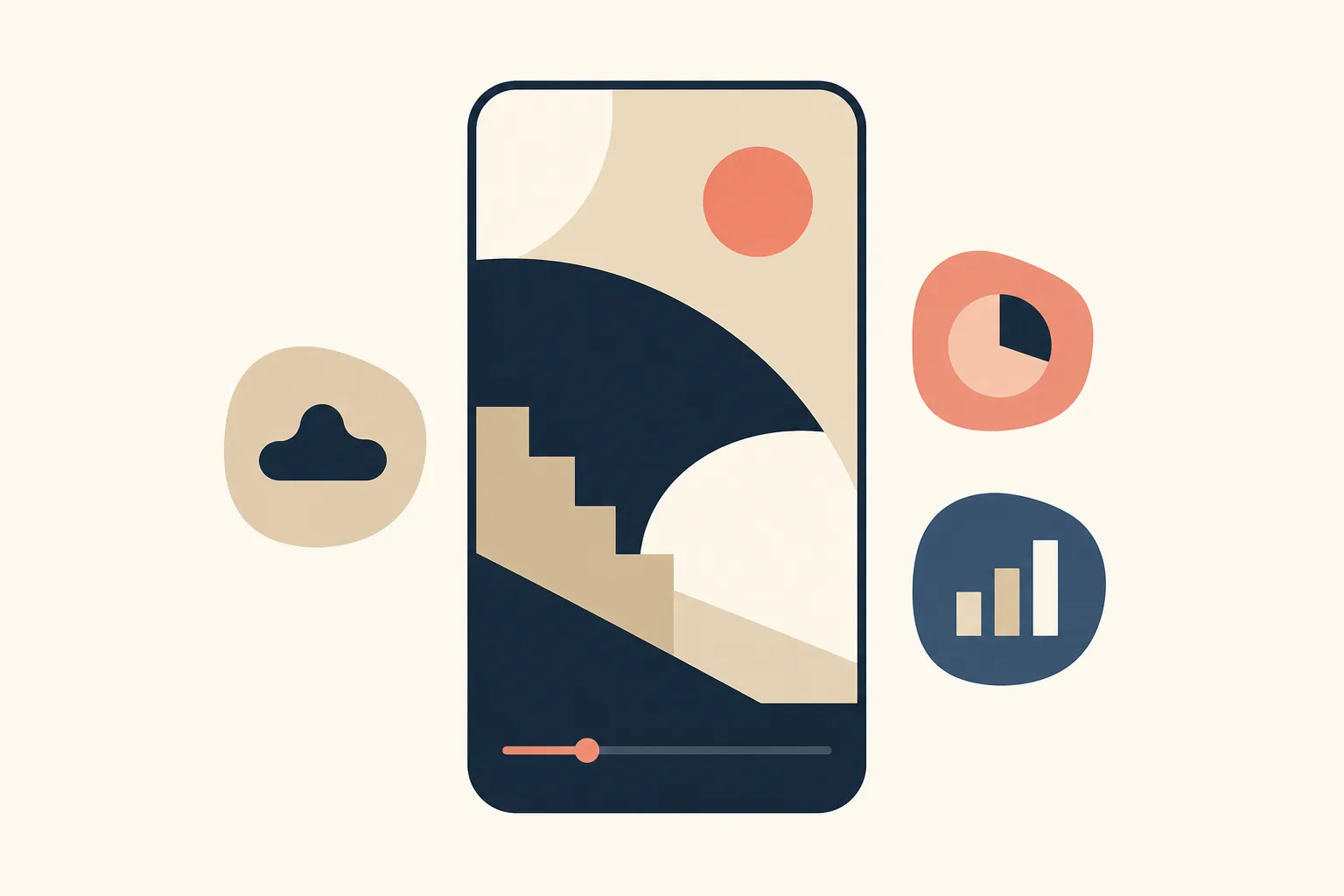 A single vertical phone screen paused mid-playback with a progress bar and three small badge shapes floating beside it for emotion, length and score