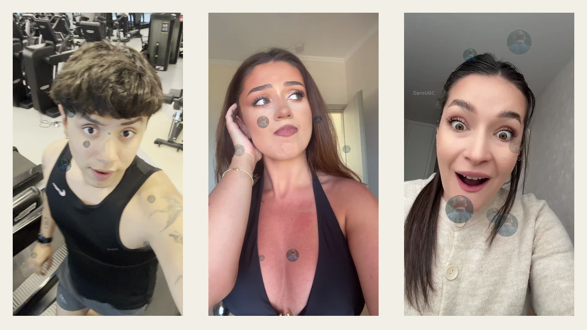 Actual watermarked preview frames, left to right: Carlos looking up in a gym, Eliza looking off-camera with a hand by her hair, and Lilia facing the camera with an open-mouth smile.