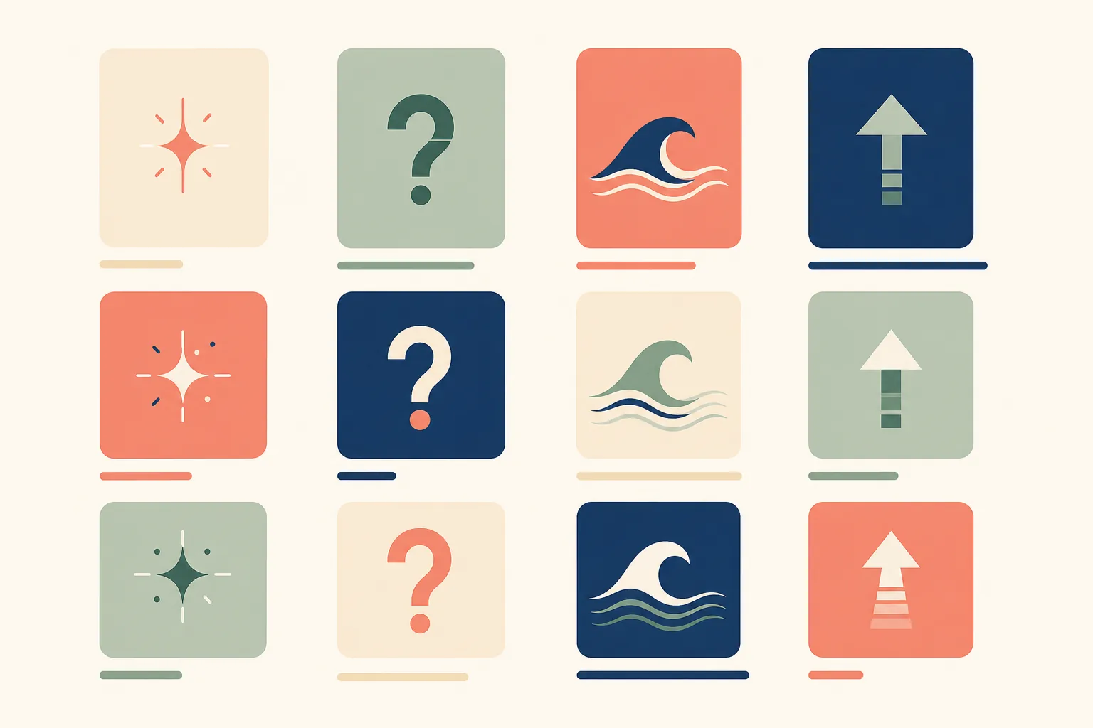 A grid of twelve abstract video thumbnail tiles, each marked with a simple symbol for an emotion category and a bar underneath showing its virality score.
