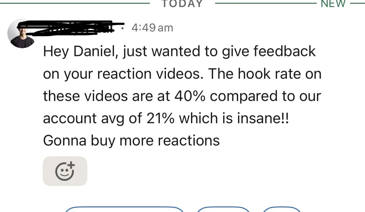Dan's LinkedIn post showing the customer-reported hook rate of 40 percent on DansUGC reaction clips against that account's own 21 percent average