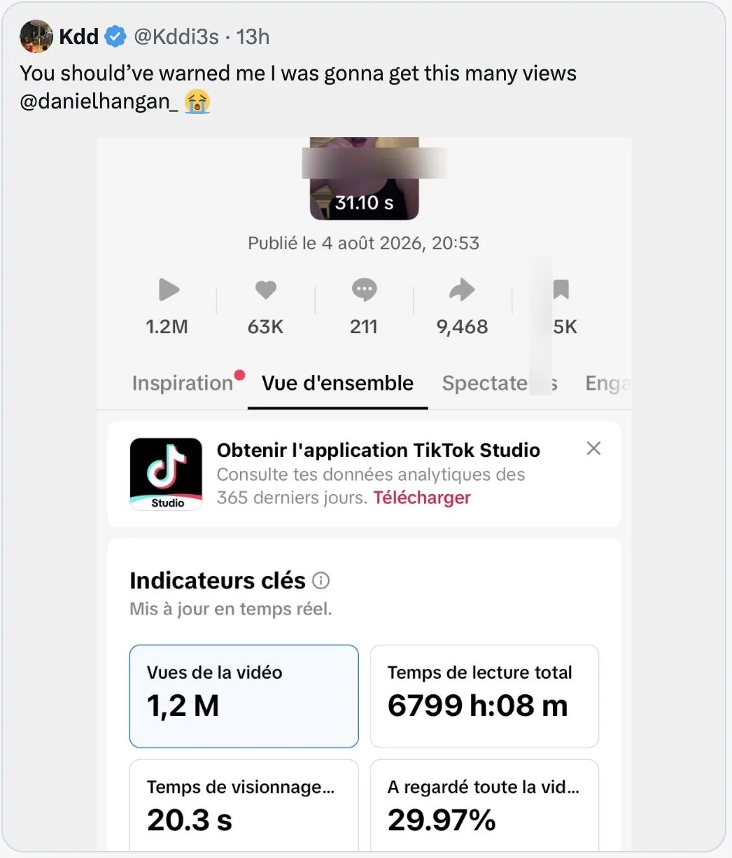 Dan's LinkedIn post reporting a solo builder running 10 million views a month on DansUGC reaction clips with no AI footage